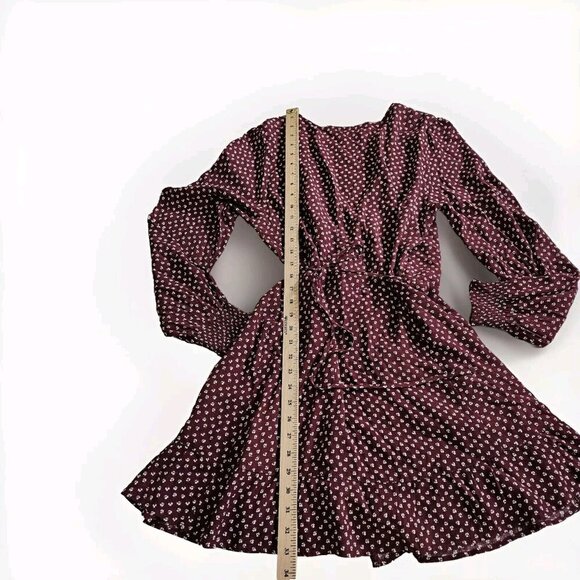 Abercrombie & Fitch Wrap Dress Women PL Wine Beige Mini Lined Ties Dainty Floral - Picture 8 of 16